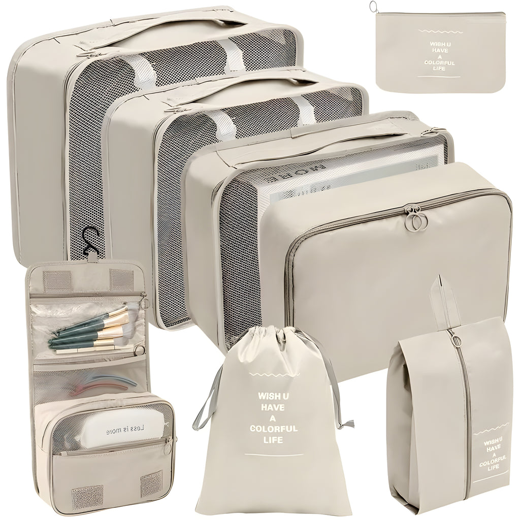طقم تنظيم السفر الكامل الفعال 8 قطع - للملابس و الاحذية و الكوسميتيك و اغراض الحمام