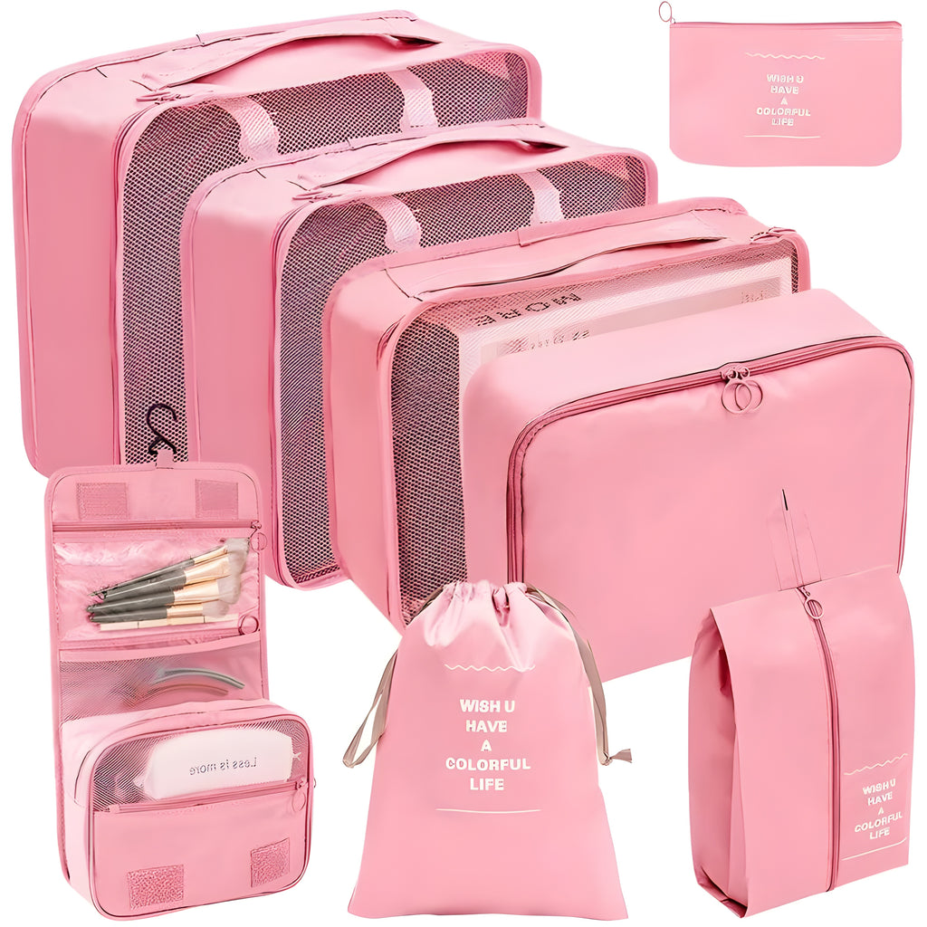 طقم تنظيم السفر الكامل الفعال 8 قطع - للملابس و الاحذية و الكوسميتيك و اغراض الحمام